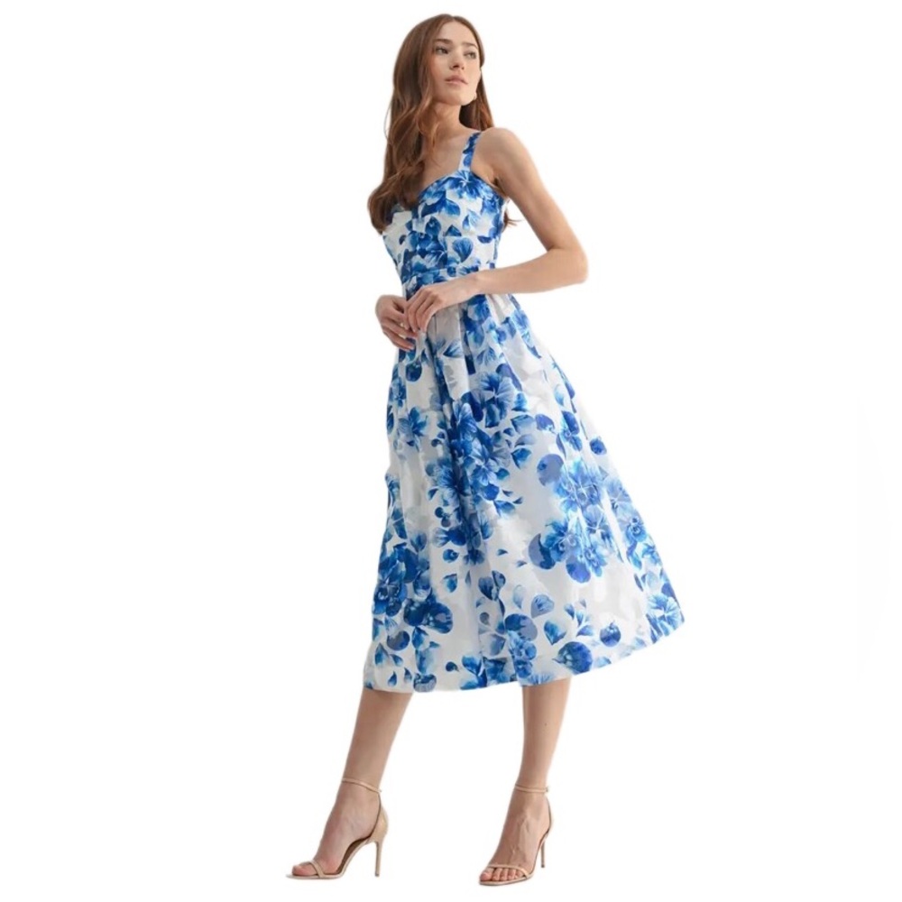Mila Mae Blue White Floral Bustier Fit & Flare Pleated Midi Dress M